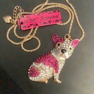Pink enamel rhinestone Frenchie necklace